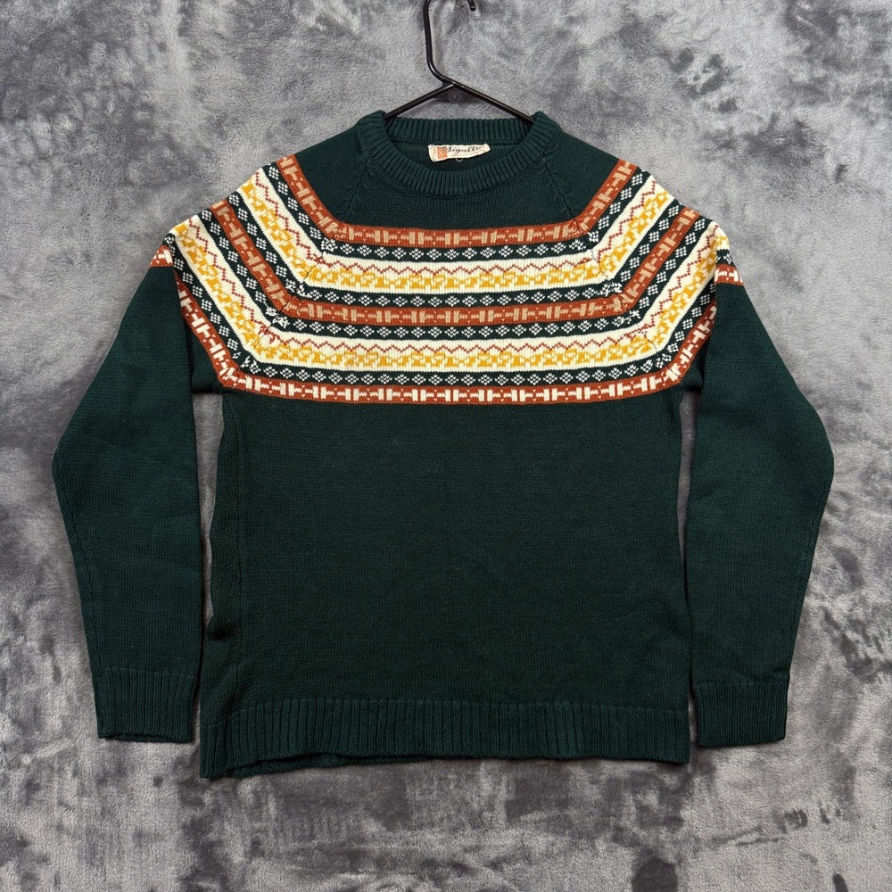 Sigallo Sweater Mens Large Green Vintage Fair Isle Nordic Knit Pullover